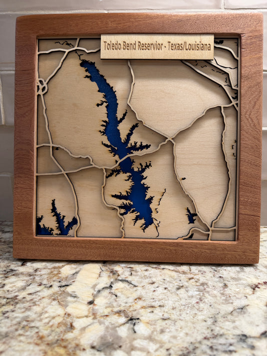 Laser Cut 3-Layer Wood Map of Toledo Bend (TX/LA)