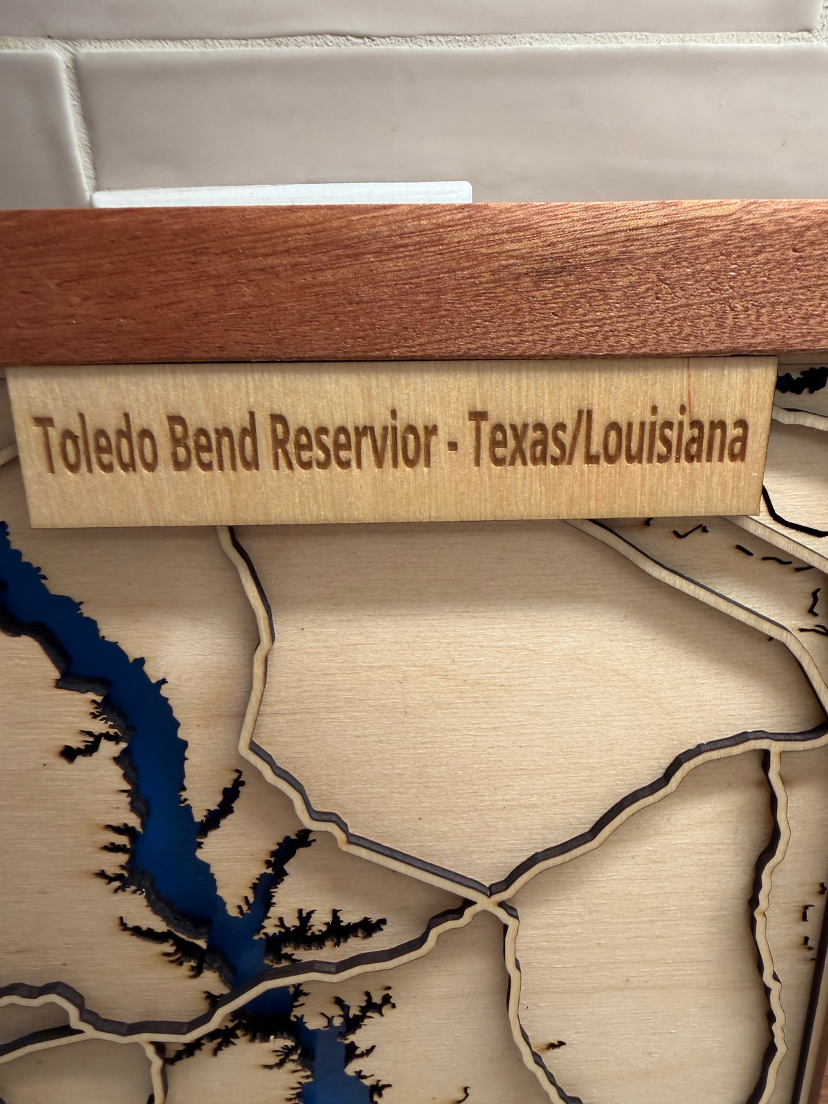 Laser Cut 3-Layer Wood Map of Toledo Bend (TX/LA)