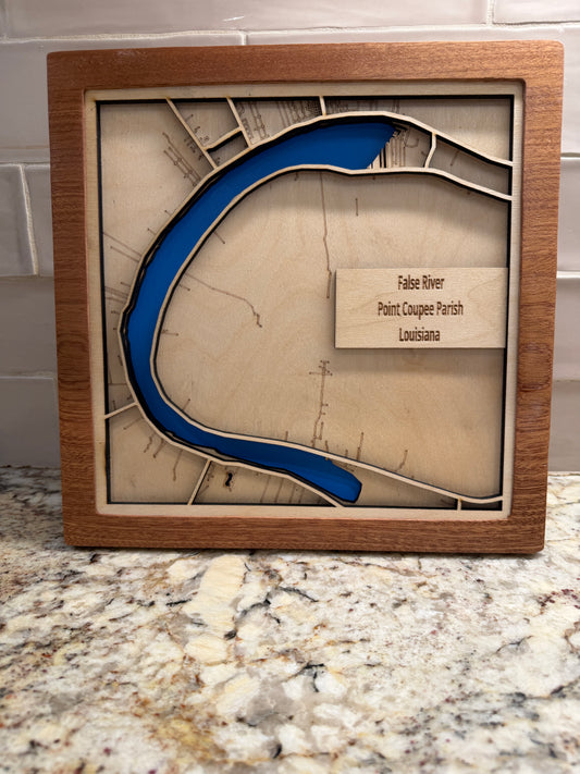 False River Louisiana Laser‑Cut Wood Map – Pointe Coupee Parish Lake House Décor